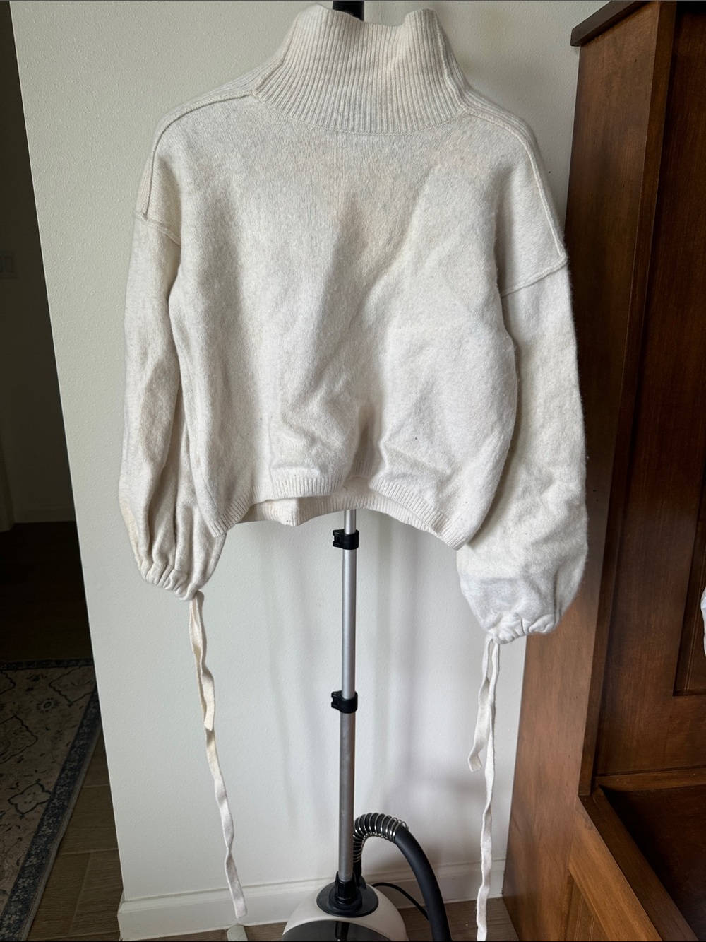 BCBG Merino Ivory Turtleneck Balloon-Sleeve Sweater with Ties
